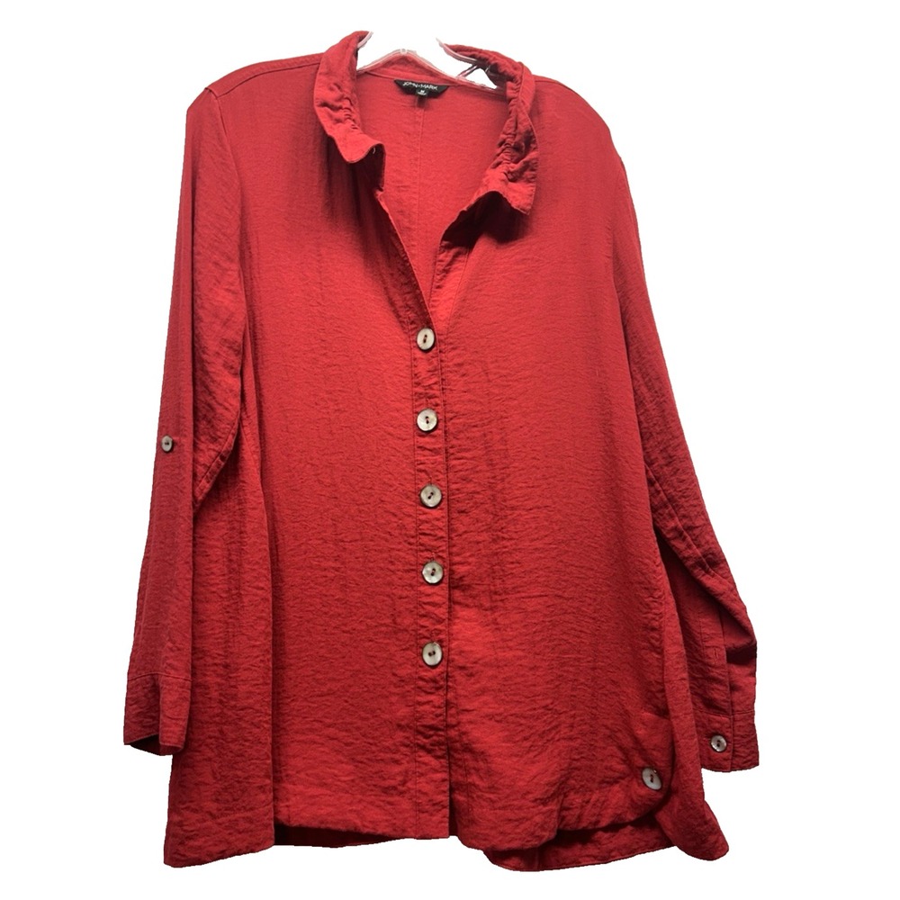 John Mark Women's Red Medium Rayon Blend Button Up Shirt Blouse (A1)